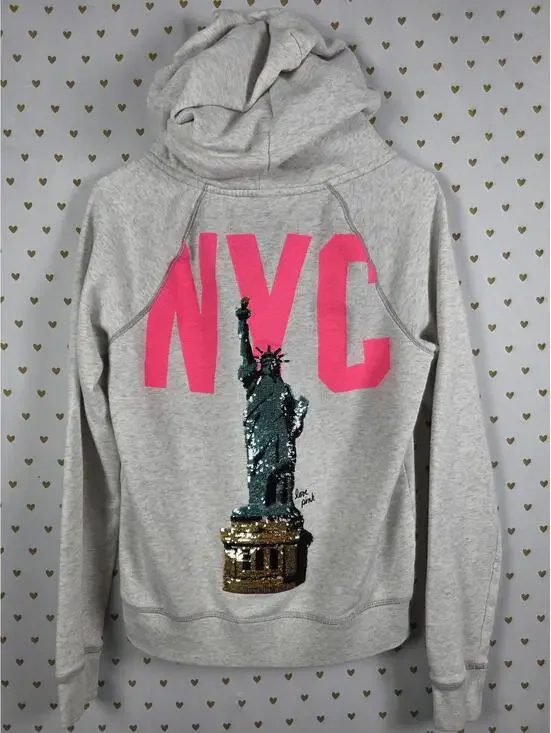 Victorias Secret Pink NYC Bling Statue Of Liberty New Yorg Full zip Hoodie Med - Picture 1 of 6